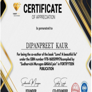Certified as a co author of the book ‘Love? A beautiful lie’