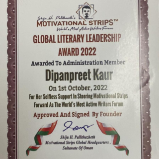 🏆Global Literary Leadership Award from Motivational Strips acknowledges DK’s role in developing global literary connections & collaborations.