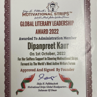 🏆Global Literary Leadership Award from Motivational Strips acknowledges DK’s role in developing global literary connections & collaborations.