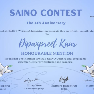 🏆Honourable Mention- SAINO Contest 2024-Have been awarded by World English Saino Writers (WESW) for the SAINO CONTEST held internationally worldwide on the occasion of its 4th anniversary on 25th March 2024.