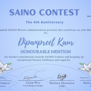 🏆Honourable Mention- SAINO Contest 2024-Have been awarded by World English Saino Writers (WESW) for the SAINO CONTEST held internationally worldwide on the occasion of its 4th anniversary on 25th March 2024.