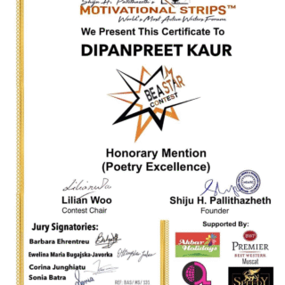 🏆Honorary Mention(Poetry Rendition Excellence)-Participation in the International 'Be A Star Contest' showcased my poetic prowess on a global stage